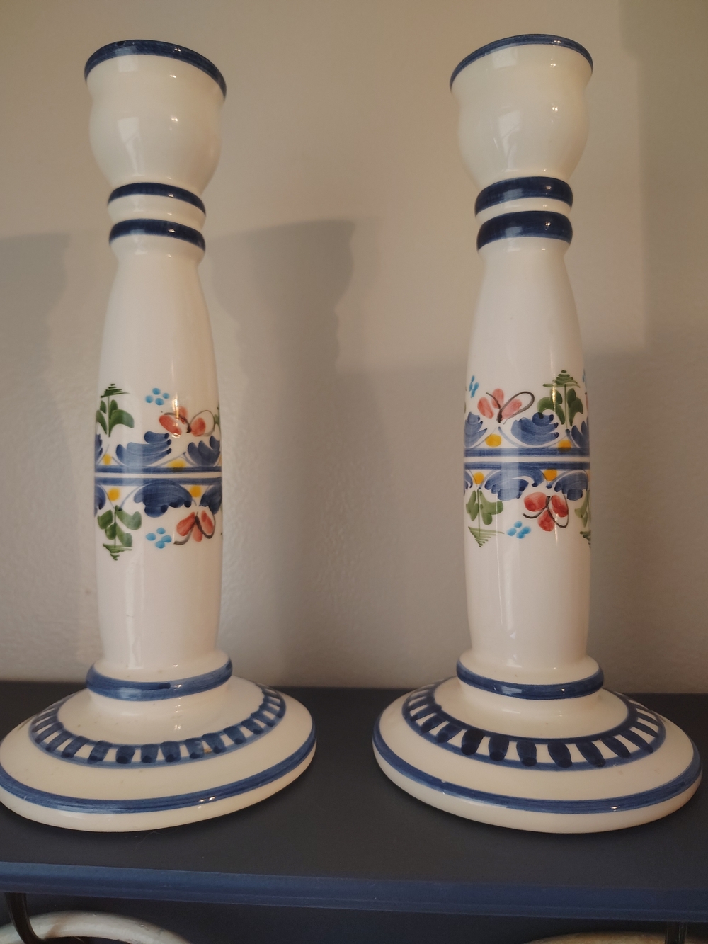Hand-Painted Blue and White Floral Ceramic Candlestick Pair By Padilla Padilla